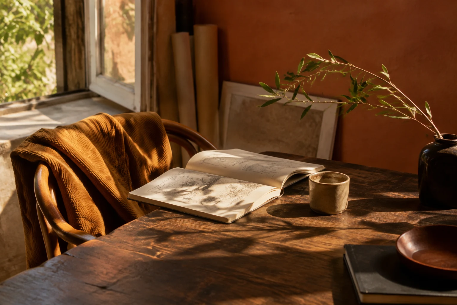 Sunlit creative studio with a corduroy jacket, sketchbook, and ceramic cup