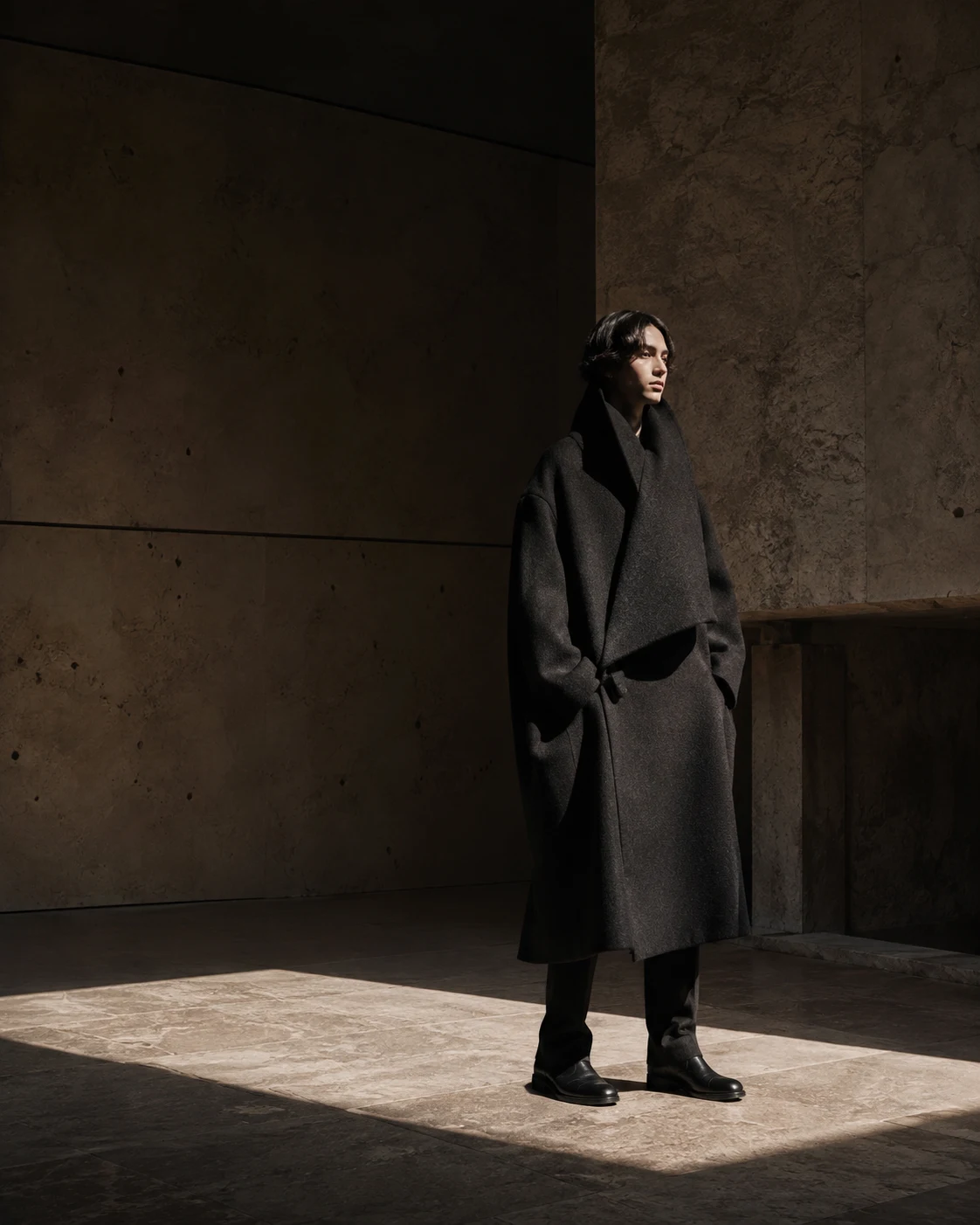 Architectural black tailoring photographed in a sunlit stone atelier.