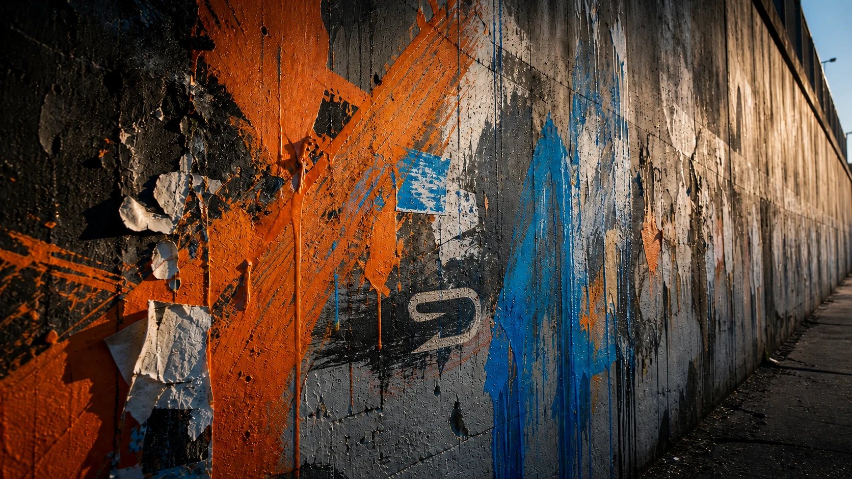 Orange and blue paint on weathered concrete with a discreet Steelo stencil.