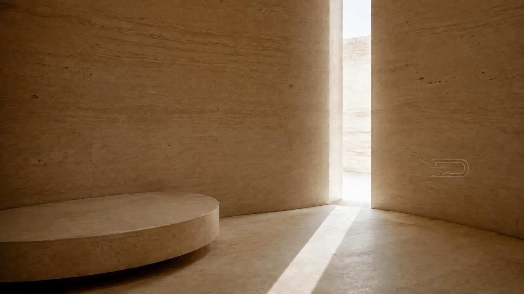 Warm travertine architecture, a circular stone bench, and a shaft of daylight.