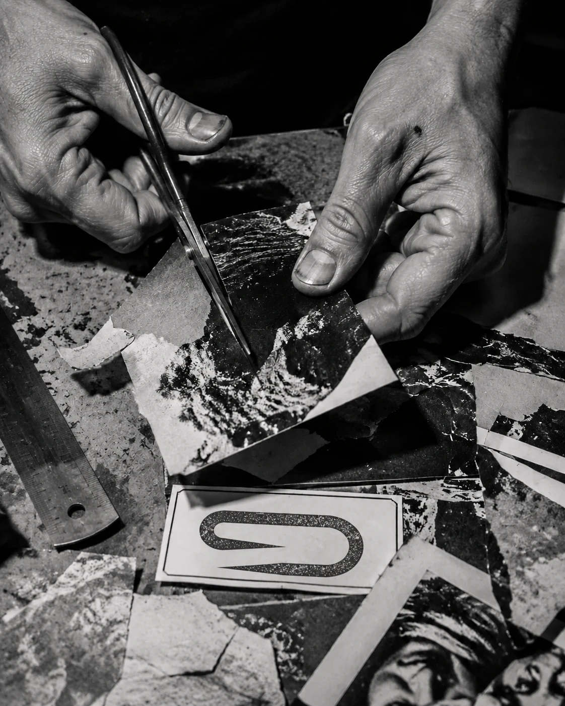 Hands cutting paper at an analog paste-up table covered with scraps and ink.