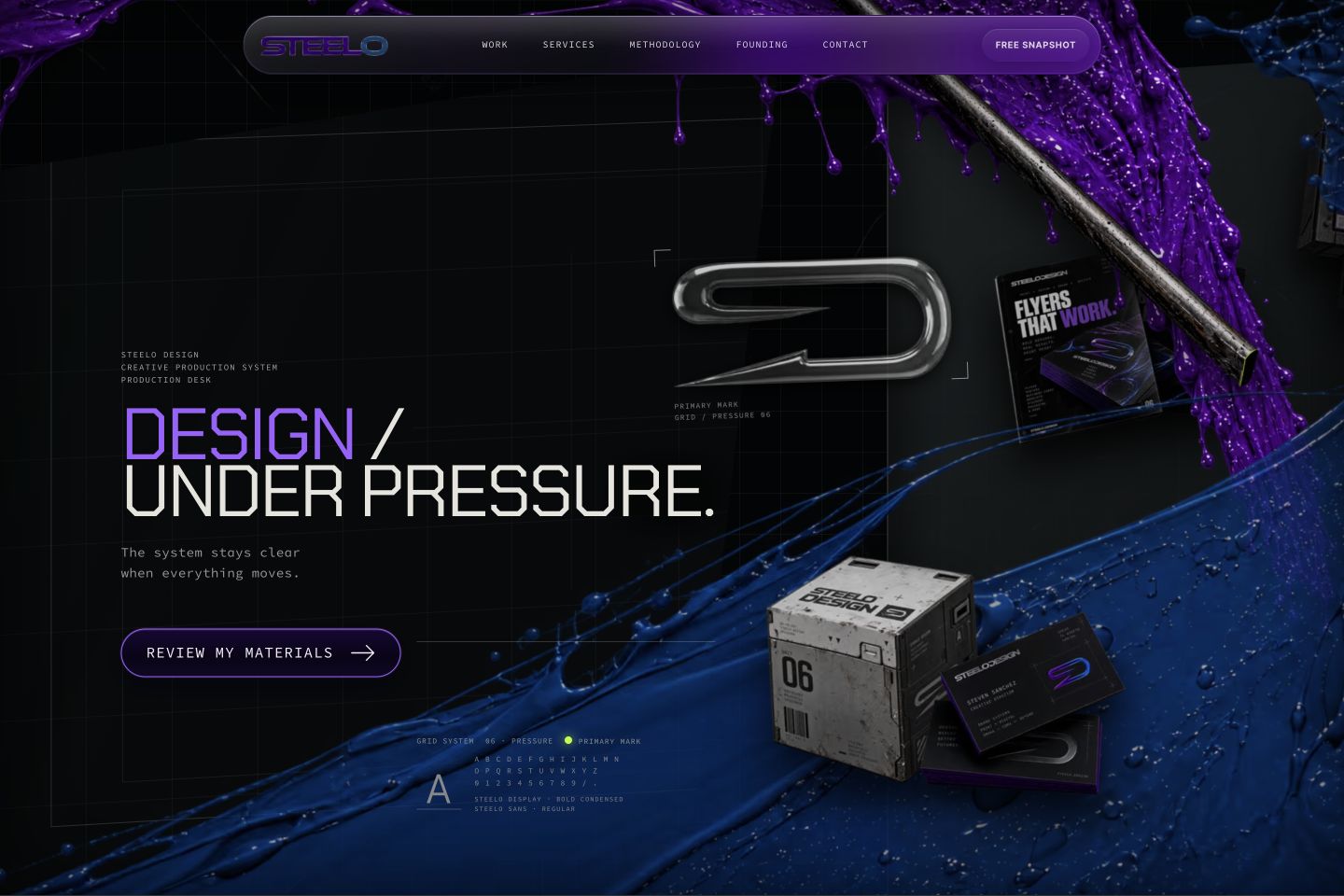 Steelo Design desktop page, with purple and blue artwork, Design Under Pressure heading and Review My Materials action.